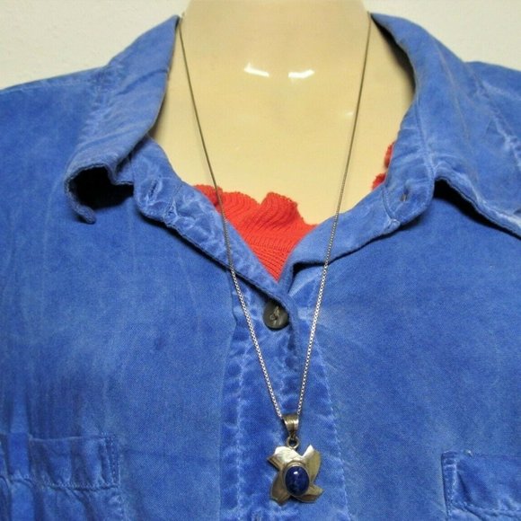 Sterling 925 Silver Lapis Lazuli Gemstone Abstract Pendant Necklace Vintage - Picture 2 of 9